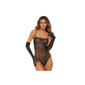 Body résille fantaisie noir et mitaines assorties 